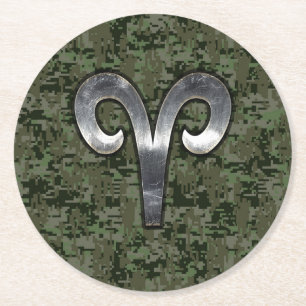 Aries Zodiac Sign on Woodland Green Digital Camo Ronde Kartonnen Onderzetter