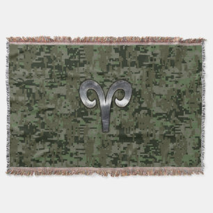 Aries Zodiac Sign on Woodland Style Digital Camo Deken
