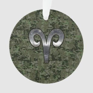 Aries Zodiac Sign on Woodland Style Digital Camo Ornament