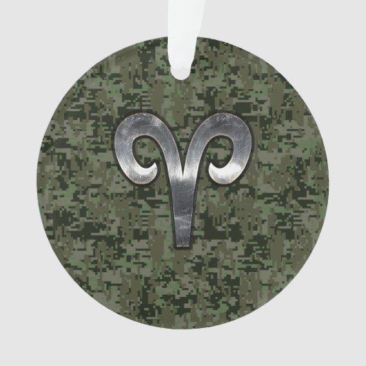Aries Zodiac Sign on Woodland Style Digital Camo Ornament (voorkant)