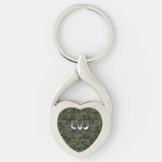Aries Zodiac Sign on Woodland Style Digital Camo Sleutelhanger (Voorkant)