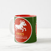 Aries Zodiac Star Sign met Eigenaarsnaam Tweekleurige Koffiemok (Voorkant links)