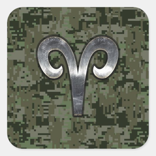 Aries Zodiac Symbol Woodland Digital Camouflage Vierkante Sticker (Voorkant)