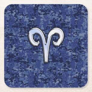 Aries Zodiac-symbool op Navy Blue Digital Camo Kartonnen Onderzetters