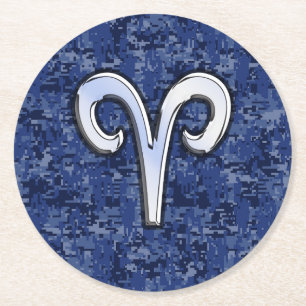 Aries Zodiac-symbool op Navy Blue Digital Camo Ronde Kartonnen Onderzetter