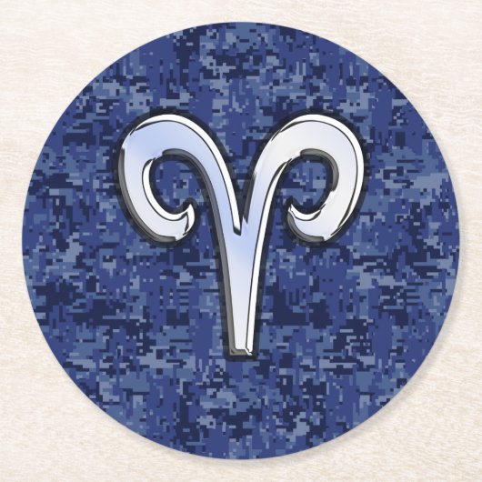Aries Zodiac-symbool op Navy Blue Digital Camo Ronde Kartonnen Onderzetter (Voorkant)