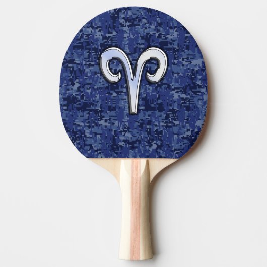 Aries Zodiac-symbool op Navy Blue Digital Camo Tafeltennisbatje (Voorkant)