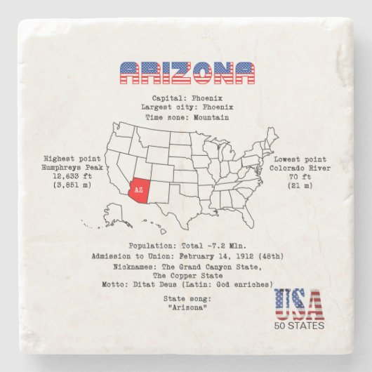 Arizona American staat op een kaart en nuttige inf Stenen Onderzetter (Voorkant)