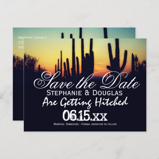 Arizona Cactus Sunset Save the Date Briefkaarten (Voorkant / Achterkant)