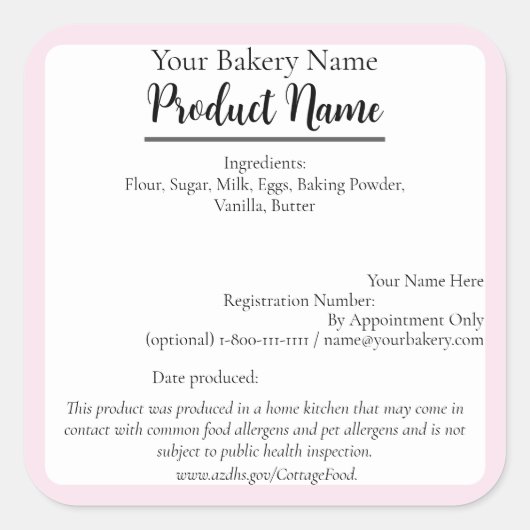 Arizona Cottage Food Business Pink Baking Label (Voorkant)