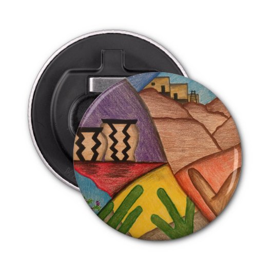 Arizona Desert Colorful Folk Art Cactus Button Flesopener (Voorkant)
