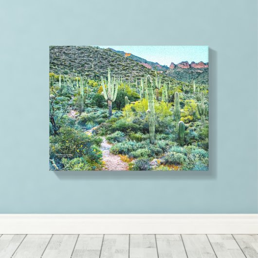 Arizona Desert Hiking Saguaro Cactus Forest 14x11 Canvas Afdruk (Insitu (Houten vloer))