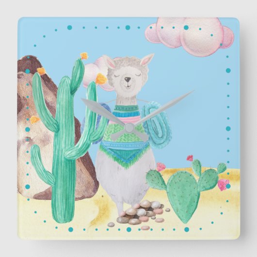 Arizona Desert LIama Cactus Flowers Natuur Vierkante Klok (Voorkant)