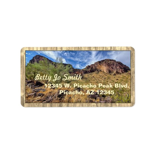 Arizona Desert Mountain Scenery Barn Boards Beige Etiket (Voorkant)