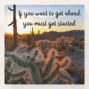 Arizona Desert Sunset Cactus Inspirerend Gezegde Glazen Onderzetter