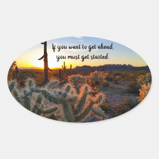 Arizona Desert Sunset Cactus Inspirerend Gezegde Ovale Sticker (Voorkant)