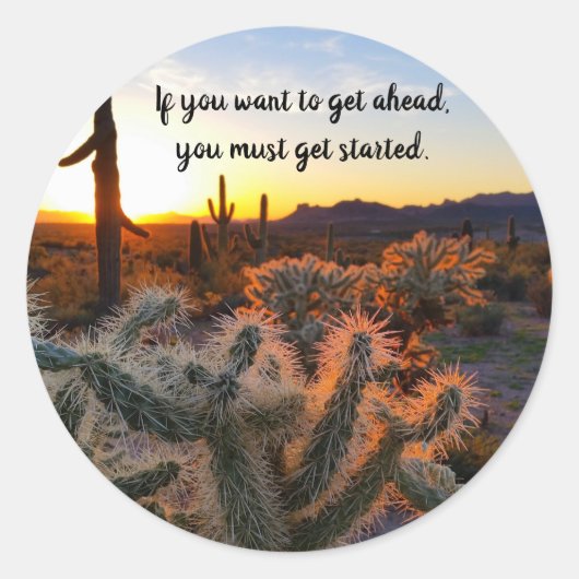 Arizona Desert Sunset Cactus Inspirerend Gezegde Ronde Sticker (Voorkant)