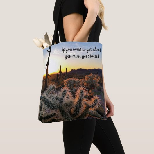 Arizona Desert Sunset Cactus Inspirerend Gezegde Tote Bag (Dichtbij)