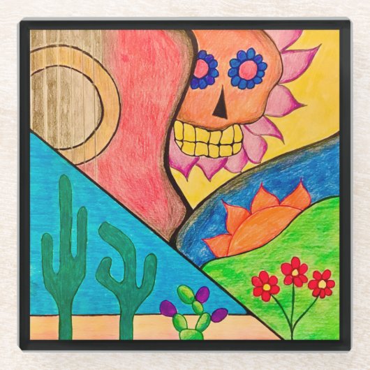 Arizona Folk Art Desert Cactus Mexico Glazen Onderzetter (Voorkant)