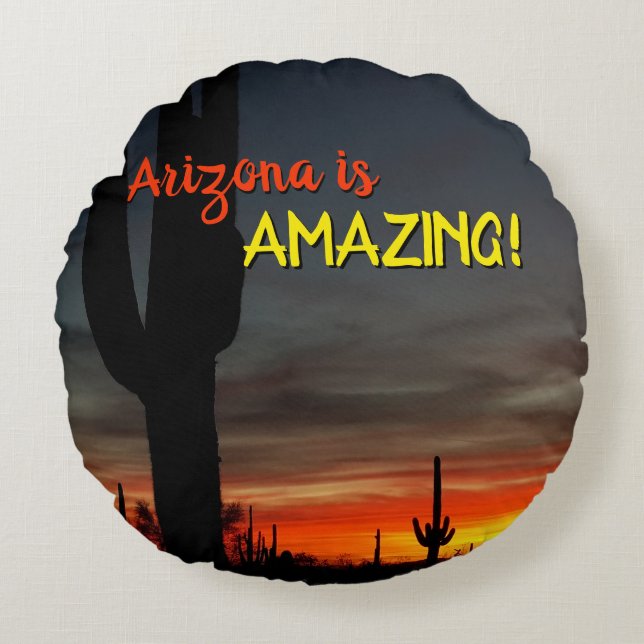 "Arizona is geweldig!" Sunset Sonoran Desert Cactu Rond Kussen (Voorkant)
