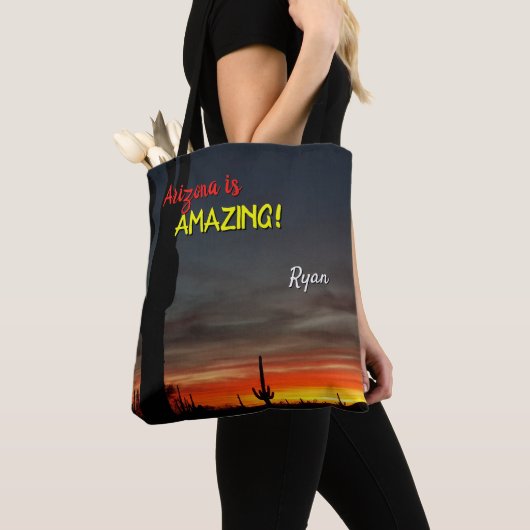 "Arizona is geweldig!" Sunset Sonoran Desert Cactu Tote Bag (Dichtbij)