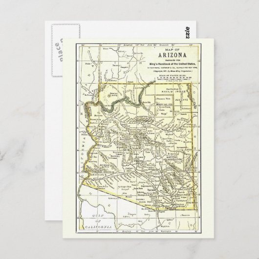 Arizona Map 1891 Towns, Rail, Indische reservering Briefkaart (Voorkant / Achterkant)