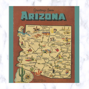 Arizona Map Cactus en Saguaro Blossom Briefkaart
