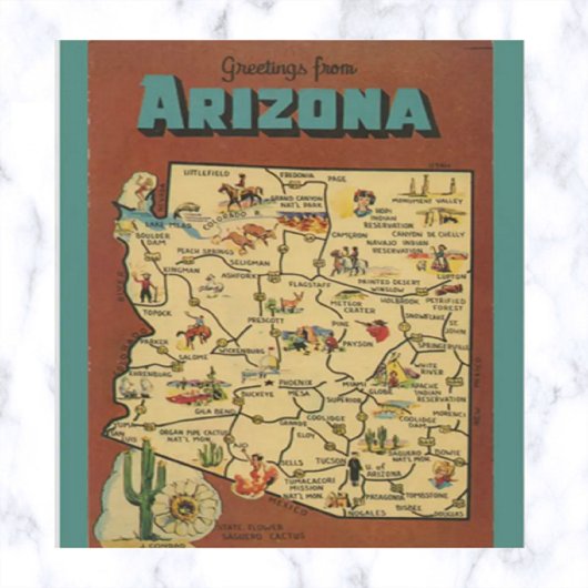  Arizona Map Cactus en Saguaro Blossom Briefkaart