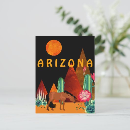 Arizona ~ Mountains, Desert, Horse and Full Moon Briefkaart (Staand voorkant)