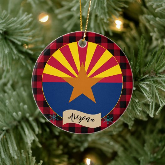 Arizona, Red buffalo plaid & Arizona Flag, Verenig Keramisch Ornament (Boom)