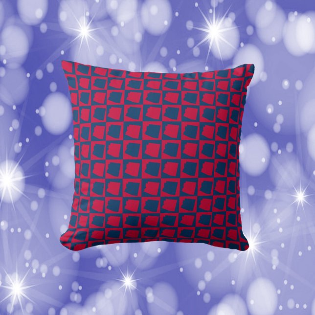 Arizona rood en blauw controlepatroon kussen (A throw pillow with a red and blue pattern featuring the state of Arizona.)