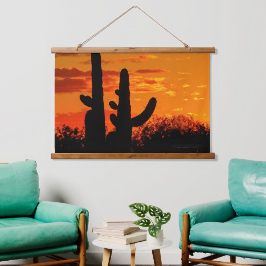 Arizona Saguaro Cacti met heldere Oranje zonsonder Hangend Wandkleed (Woonkamer)