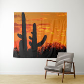 Arizona Saguaro Cacti met heldere Oranje zonsonder Wandkleed (In Situ (horizontaal))