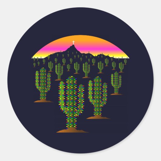 Arizona Saguaro Cactus Kerstverlichting bij zonson Ronde Sticker (Voorkant)