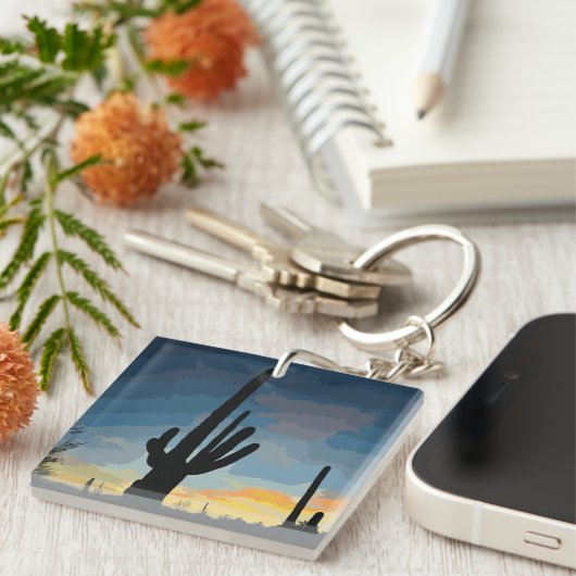 Arizona Saguaro Cactus Southwestern Sunset Sleutelhanger (Voorkant Rechts)