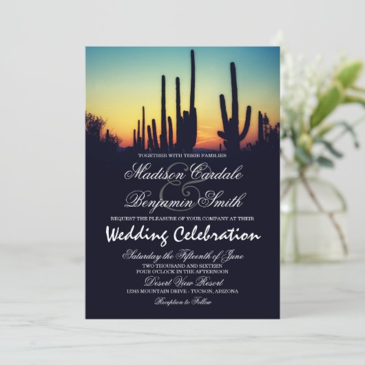 Arizona Saguaro Cactus Sunset Wedding Invitations Kaart (Staand voorkant)