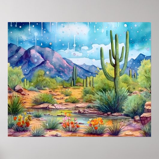 Arizona Spring Flowers Waterverf Landschap Poster (Voorkant)
