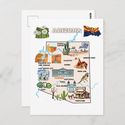 Arizona State Map met Toeristische bestemmingen Briefkaart (Voorkant / Achterkant)
