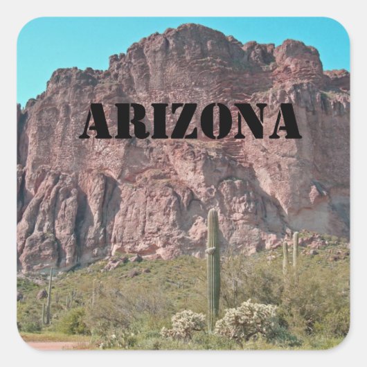 Arizona Tall Rugged Mountain met Saguaro Cactus Vierkante Sticker (Voorkant)