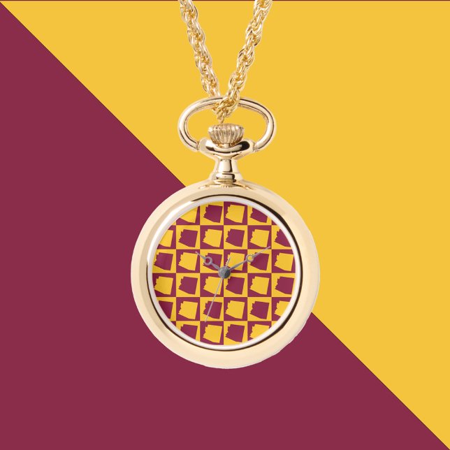 Arizona US State Maroon and Gold Pattern Horloge (A maroon and gold pattern featuring Arizona on a watch necklace.)