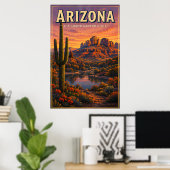 Arizona Woestijn Cactus Berg Zonsondergang Uitzich Poster (Thuiskantoor)