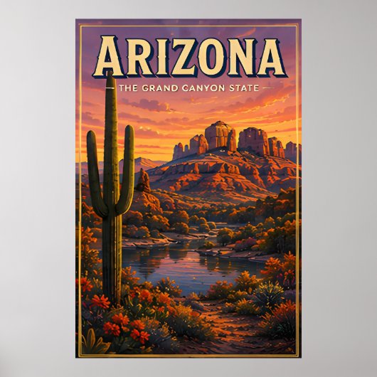 Arizona Woestijn Cactus Berg Zonsondergang Uitzich Poster (Voorkant)