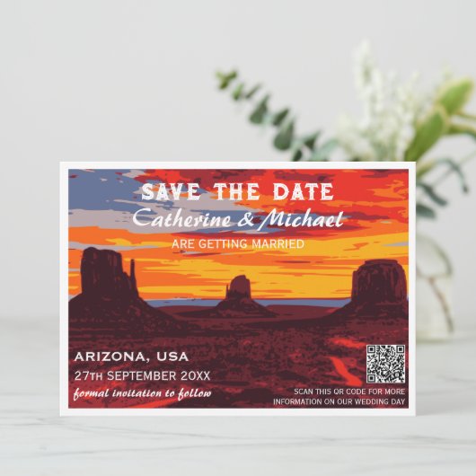 Arizona Zonsondergang Reizen Poster Stijl QR Code Save The Date (Staand voorkant)