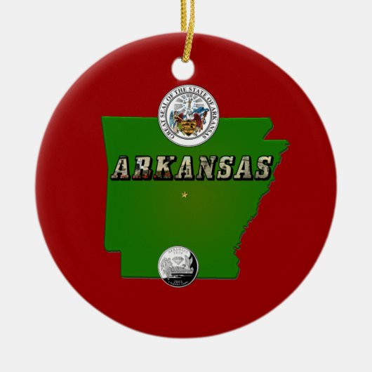 Arkansas Map, Seal and State Faux Quarter Keramisch Ornament (Voorkant)