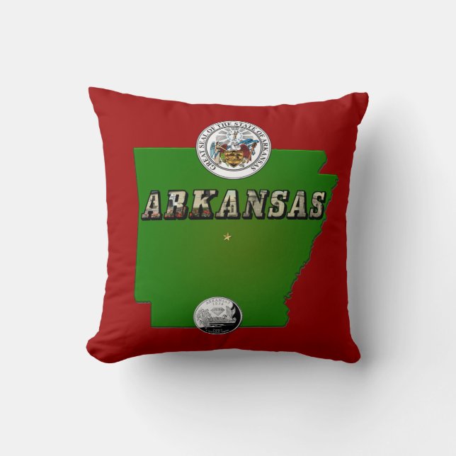 Arkansas Map, Seal and State Faux Quarter Kussen (Voorkant)