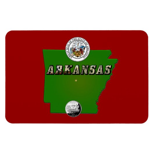 Arkansas Map, Seal and State Faux Quarter Magneet (Horizontaal)