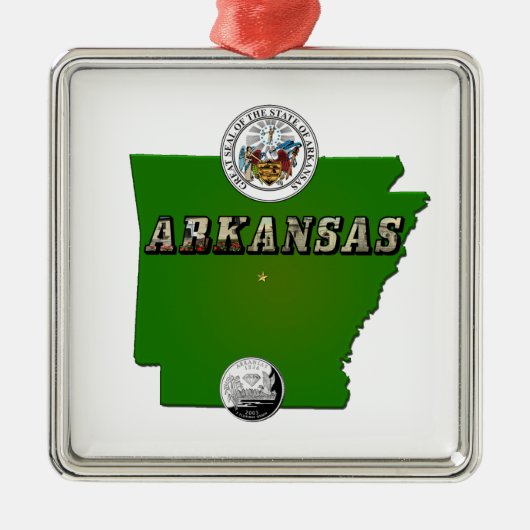 Arkansas Map, Seal and State Faux Quarter Metalen Ornament (Voorkant)