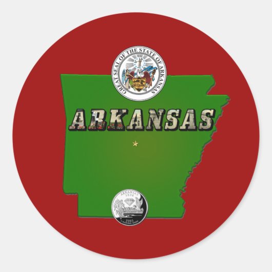 Arkansas Map, Seal and State Faux Quarter Ronde Sticker (Voorkant)