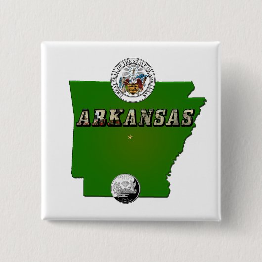Arkansas Map, Seal and State Faux Quarter Vierkante Button 5,1 Cm (Voorkant)
