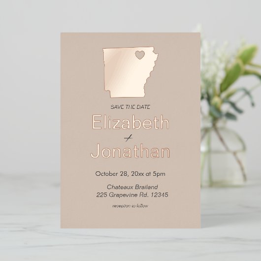 Arkansas Map Wedding Save the Date Roos Gold Folie Uitnodiging (Staand Voorkant)